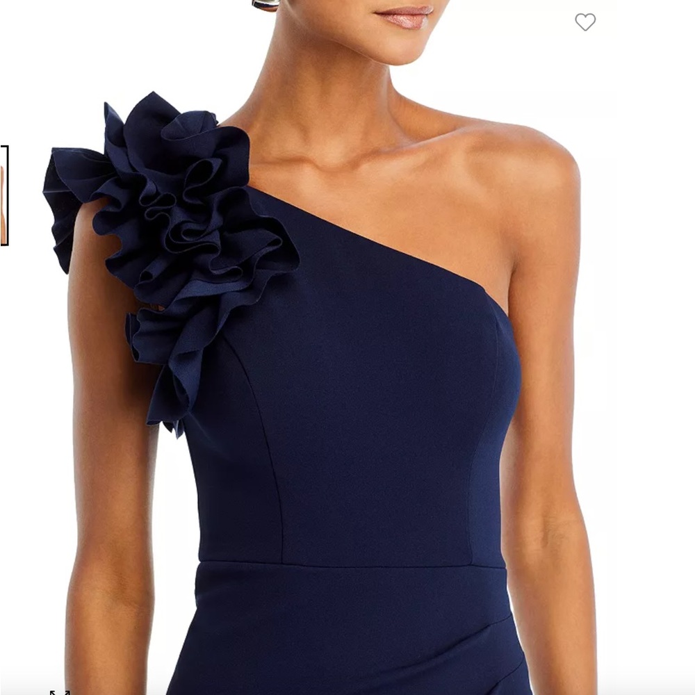 Aqua One-Shoulder Navy Crepe Gown with Ruffle, Size 16